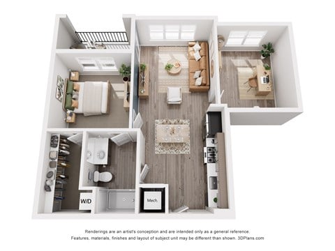 Floor plan for 1 bed, 1 bath, 852 sqft